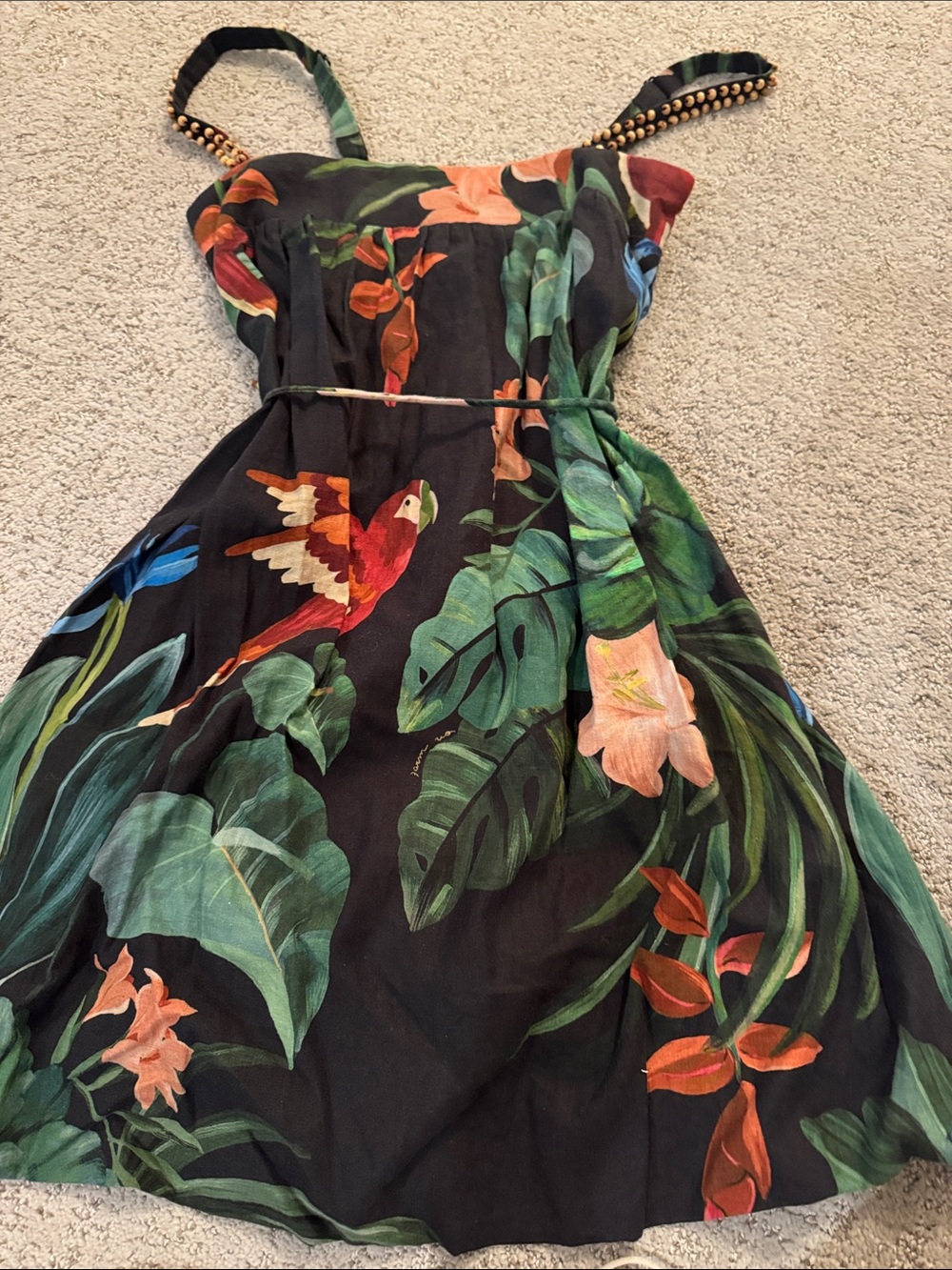 Farm Rio Black Tropical Print Sundress with Green Leaf & Red Parrot